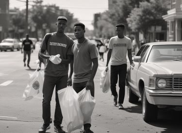 Men working together to clean a city street lined with trees and houses.