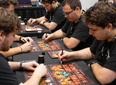 A lively group gathered around a table, deeply engaged in a role-playing game session.