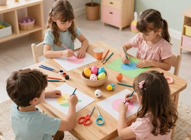 Children engaged in a colorful creative workshop with wooden toys and natural light.