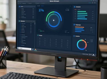 Computer monitor displaying a data analytics dashboard with colorful charts and UI elements on a wooden desk.