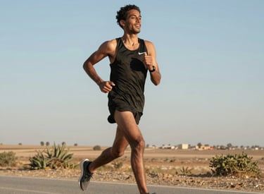 A runner tying their shoes at sunrise on a quiet Moroccan trail.