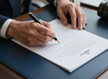 Close-up of hands signing a formal document with a high-end pen on a navy blue leather desk mat, soft natural light, North American / US corporate setting.