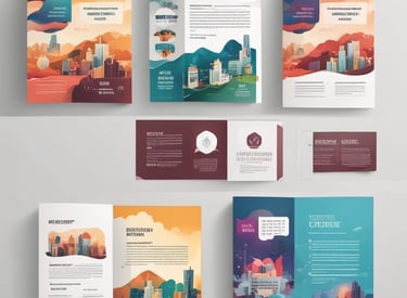 A vibrant, colorful printed brochure spread open on a wooden desk with natural lighting.