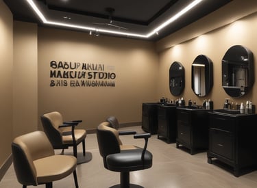 A warm, inviting salon interior with natural wood accents and soft lighting highlighting makeup stations.