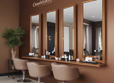 A warm, inviting salon interior with natural wood accents and soft lighting highlighting makeup stations.