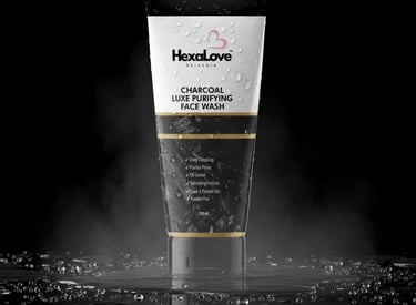 HexaLove Charcoal Luxe face wash product standing with mist on dark background, combo pack offer