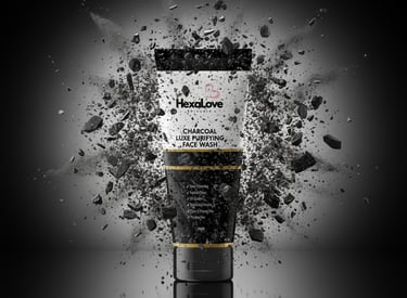 HexaLove Charcoal Luxe face wash surrounded by charcoal dust effect on dark background