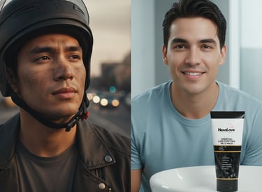 Young man holding HexaLove Charcoal Luxe face wash, customer testimonial shot