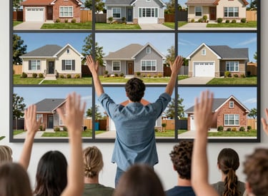 A lively auction scene with bidders raising paddles in a bright, modern room.