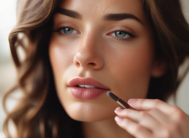 A close-up of a person with carefully styled dark hair and dramatic makeup, including dark eyeliner and glossy lips. A pink tube of lip gloss with the brand name 'Loyal Beauty' is held near the lips.