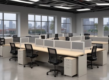 A small office space with a modern wooden desk and two chairs. The desk has a perforated metallic panel at the front, and the left chair is positioned partially under the table. An air conditioning unit is visible in the upper left corner. The room is well-lit with natural light coming through a window on the right, casting shadows on the floor.