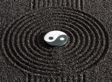 a yin and yang symbol on dark sand in circles