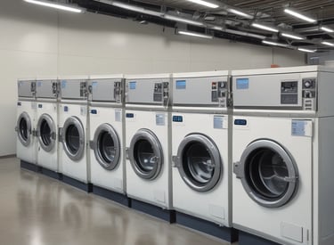 A row of white front-loading washing machines is numbered sequentially. Tags with keys hang on each machine's handle, indicating service numbers. Towels or clothes are visible inside one of the machines.