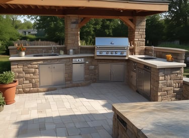A cozy coffee shop counter with a geometric tile design. The countertop has various items such as a drink menu, a coffee machine, containers, and a 'self service' sign. The ambient lighting includes a pendant lamp with a warm glow, and there are wooden and concrete elements in the decor.
