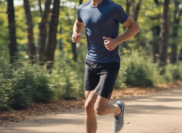 A person is running on a red track in an outdoor setting. They are wearing a bright pink athletic shirt, black shorts, and pink running shoes with black accents. The background shows a blue wall and blurred elements, indicating depth of field.