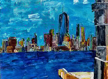 a painting of NYC skyline with a view of New York City