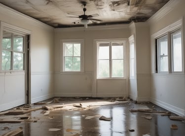 A doorway heavily charred by fire leads into an interior space with smoke-stained tiles and water fixtures. The framing of the door appears severely burnt, and black soot marks are visible around the entry. A wire hangs loosely from the doorframe, indicating possible electrical damage.