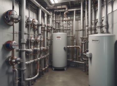 Complex metallic piping system with various hoses and clamps, connected to mechanical components, suggesting an engine or machinery. The arrangement includes multiple curved pipes and wires.