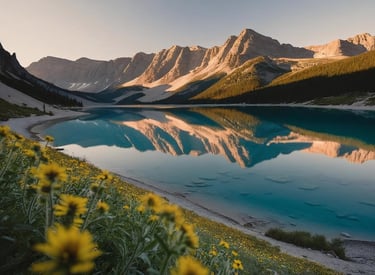 Una scena di montagna con un lago e montagne sullo sfondo