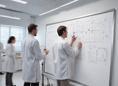 A dimly lit room features a prominent illuminated sign displaying the words 'Sysco LABS.' Below the sign are office desks with various electronic devices, including laptops and cables. The lighting creates a cool and professional atmosphere.