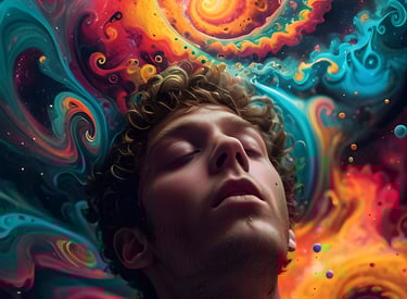 blissful man surrounded by colorful swirling sky 