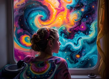 peaceful girl looking out of window at swirling colorful sky