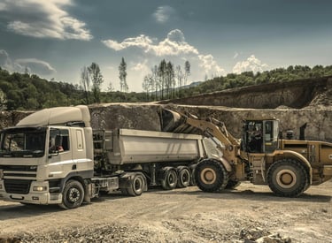 a medium shot of a white DAF dump truck with a silver bed being loaded by a Caterpillar front loader