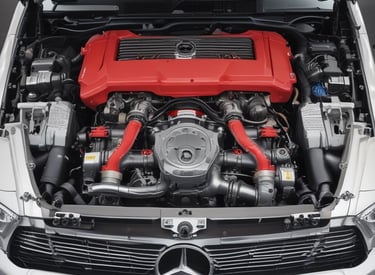 Close-up of a Mercedes-Benz engine being serviced with fresh oil.
