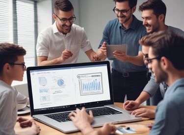 a group of people sitting around a laptop computer