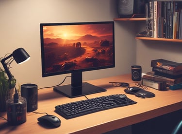 A modern workspace showcasing refurbished and new computer equipment.