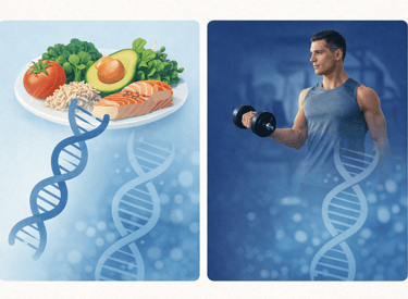 Plato saludable con aguacate y verduras junto a atleta con mancuernas. Nutrición y entrenamiento personalizados