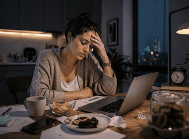 Mujer cansada trabajando de noche frente a una laptop, con café, snacks y expresión de agotamiento