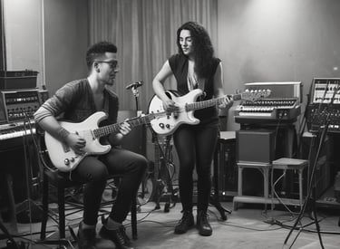 Musicians collaborating in a studio surrounded by instruments and recording equipment.