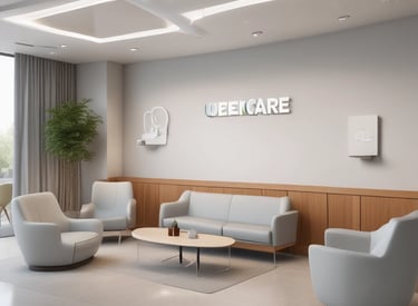 The image depicts a health care facility entrance labeled 'Puskesmas Sinoa'. The building has a welcoming sign and a set of colorful stairs leading up to it, each step containing a health-related message in Indonesian. Plants are seen on either side of the entrance.