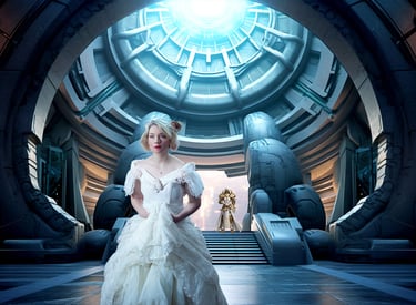 A blonde woman in a white vintage gown stands inside a futuristic sci-fi spaceship hangar.