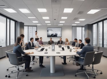 A professional team discussing financial strategies in a modern office.