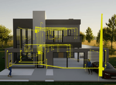 a house with a yellow wire fence and a car in the background