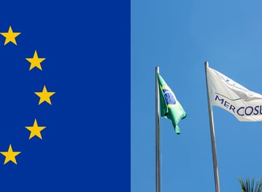 The European Union flag alongside Mercosur, Brazil, and France flags representing international trade agreements.
