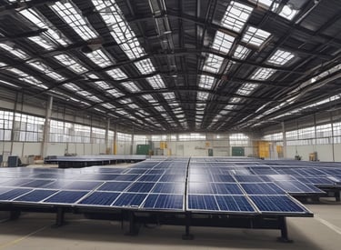 A solar panel is positioned among lush greenery, with large leaves and a tree trunk providing a natural backdrop. The sunlight casts soft shadows across the panel, highlighting its photovoltaic cells.