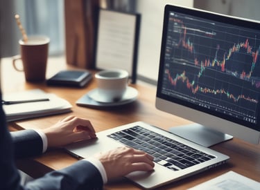 A computer screen displays a detailed financial graph with multiple lines and grids, indicating market trends over time. The background is blurred, giving focus to the graph.