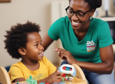 A caring therapist working with a family in a bright, welcoming room.