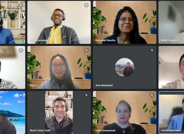 Screenshot of a Zoom call with 10 coaches in a grid view, each smiling and engaged in conversation