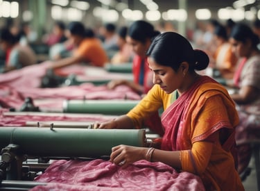Two women wearing white lab coats are standing in a factory setting, holding bags of candies or goods. A large table covered with numerous small packages is in front of them. Boxes labeled 'Vancouver' and 'Jamaica' are nearby, suggesting packaging or distribution activities. The background features industrial equipment and shelves.