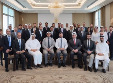 A group of people dressed in formal attire are standing in front of a real estate office. The storefront displays a large sign with an URL and various social media icons, and text in a foreign language. The group mostly consists of men in white shirts and dark trousers, standing in a straight line, with two women at either end of the row.