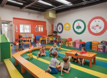 Two children are seated outside on wooden benches at a small desk, engaged with a blackboard that has writing on it. An adult stands nearby, seemingly instructing or observing them. The setting has rustic wooden and painted walls, and the environment appears casual yet educational.