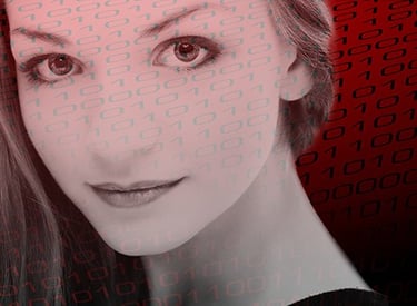 Young woman with zeros and ones overlayed on her face