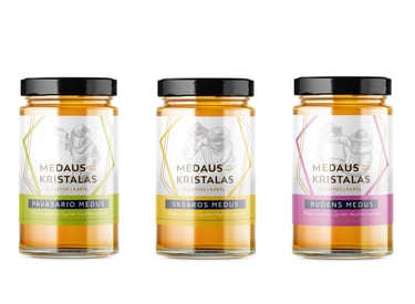 three jars of honey. label designs with illustration and bright colors