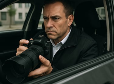 Private investigator sitting in a car holding a DSLR camera with a telephoto lens for surveillance.