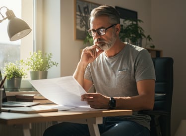 man sitting at desk reading reading a report
