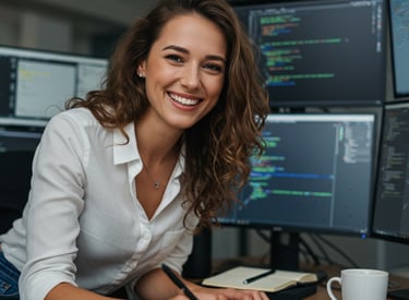 Woman sitting in front of computer screens